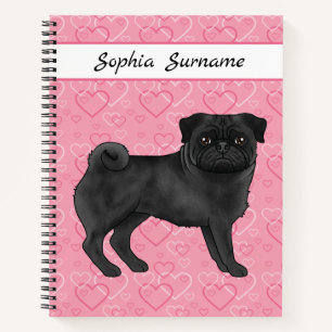 Schwarzer Mops Hund Cute Mops und rosa Herzen mit Notizblock
