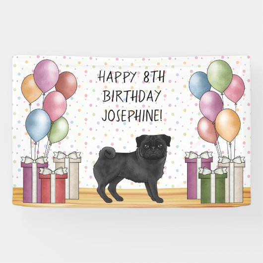 Schwarzer Mops Hund farbenfrohe Pastelle glücklich Banner (Horizontal)