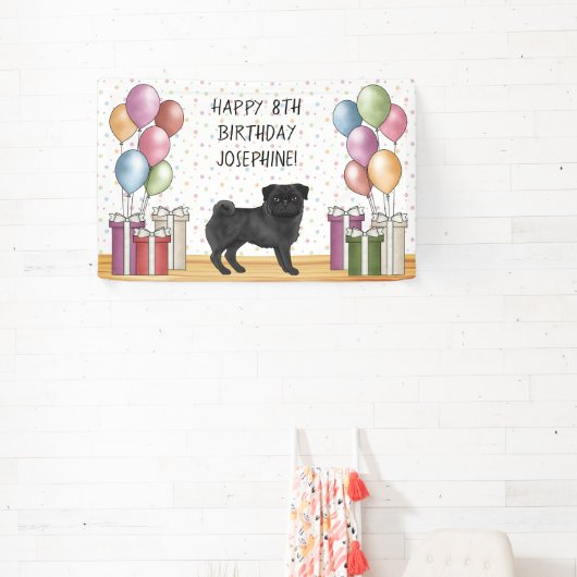 Schwarzer Mops Hund farbenfrohe Pastelle glücklich Banner (InSitu)