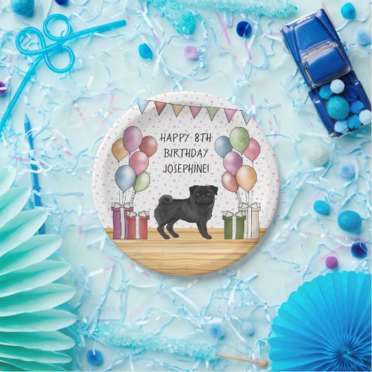 Schwarzer Mops Hund farbenfrohe Pastelle glücklich Pappteller (Party)