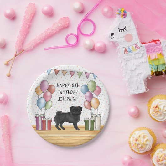 Schwarzer Mops Hund farbenfrohe Pastelle glücklich Pappteller (Party)