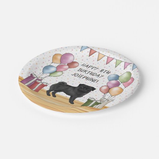 Schwarzer Mops Hund farbenfrohe Pastelle glücklich Pappteller (Schrägansicht)