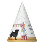 Schwarzer Mops Hund farbenfrohe Pastelle glücklich Partyhütchen (Links)