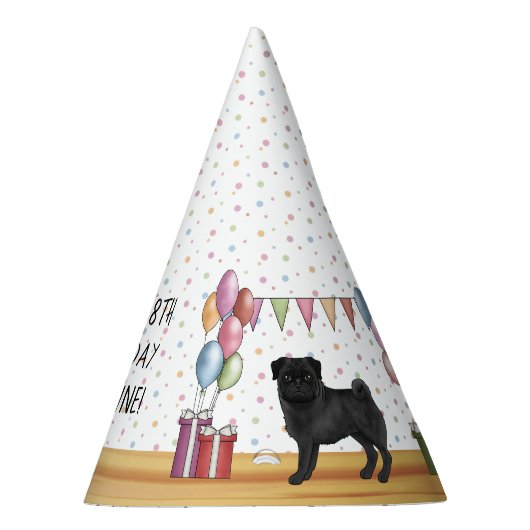 Schwarzer Mops Hund farbenfrohe Pastelle glücklich Partyhütchen (Rechts)