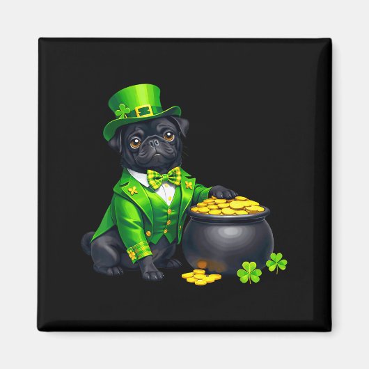 Schwarzer Mops-Hund Leprechaun Shamrocks St. Patri Magnet (Vorne)