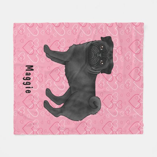 Schwarzer Mops Hund Niedlichen Mops und rosa Herze Fleecedecke (Vorderseite (Horizontal))