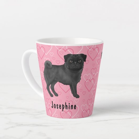 Schwarzer Mops Hund Niedlichen Mops und rosa Herze Milchtasse (Linke Ecke)
