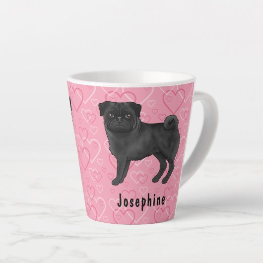 Schwarzer Mops Hund Niedlichen Mops und rosa Herze Milchtasse (Rechte Ecke)