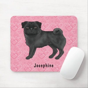 Schwarzer Mops Hund Niedlichen Mops und rosa Herze Mousepad