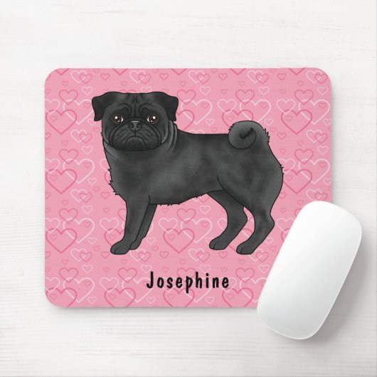 Schwarzer Mops Hund Niedlichen Mops und rosa Herze Mousepad (Mit Mouse)
