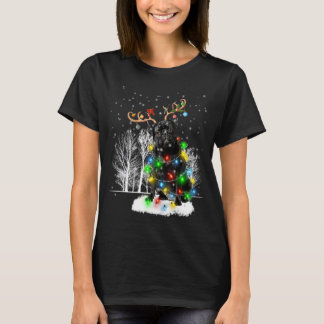 Schwarzer Mops Hund Schnee Rentier Weihnachtsmann T-Shirt
