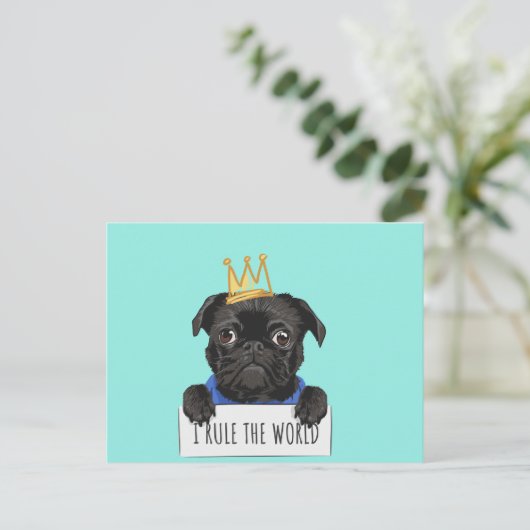 Schwarzer Mops Hund W / Kronenherrschaft der Welt Postkarte (Stehend Vorderseite)
