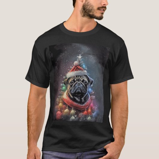 Schwarzer Mops-Hund Weihnachtsbaum Santa T-Shirt (Vorderseite)