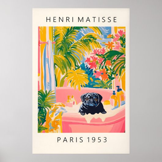 Schwarzer Mops in Badewanne Kunstposter Lustiger H Poster (Vorne)