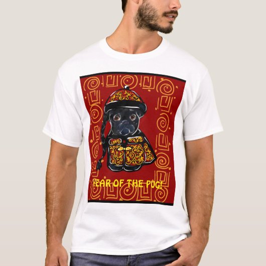 Schwarzer Mops Jahr des Hundes T-Shirt (Vorderseite)