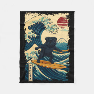 Schwarzer Mops Japanische Kanagawa Welle Surfen Ja Fleecedecke