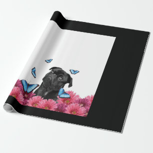 Schwarzer Mops mit blauen Schmetterlingen und Gerb Geschenkpapier
