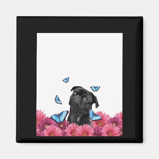 Schwarzer Mops mit blauen Schmetterlingen und Gerb Magnet (Vorne)