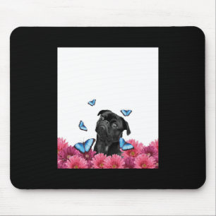 Schwarzer Mops mit blauen Schmetterlingen und Gerb Mousepad