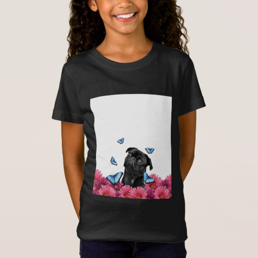 Schwarzer Mops mit blauen Schmetterlingen und Gerb T-Shirt (Vorderseite)