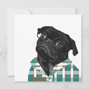 Schwarzer Mops mit Brille und Shirt