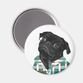 Schwarzer Mops mit Brille und Shirt Magnet (Vorderseite/Rückseite)