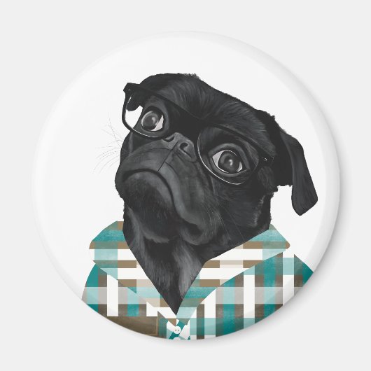 Schwarzer Mops mit Brille und Shirt Magnet (Vorne)