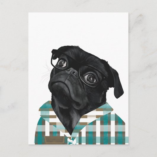 Schwarzer Mops mit Brille und Shirt Postkarte (Vorderseite)
