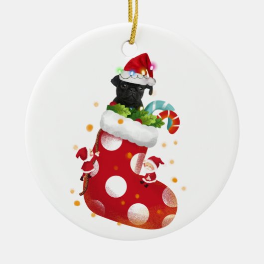 Schwarzer Mops mit Hat Sock Weihnachten Keramik Ornament (Vorne)