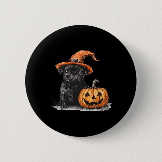 Schwarzer Mops mit Hexenhut und KürbisHalloween-Mo Button (Vorderseite)