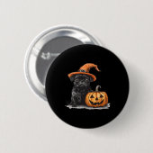 Schwarzer Mops mit Hexenhut und KürbisHalloween-Mo Button (Vorne & Hinten)