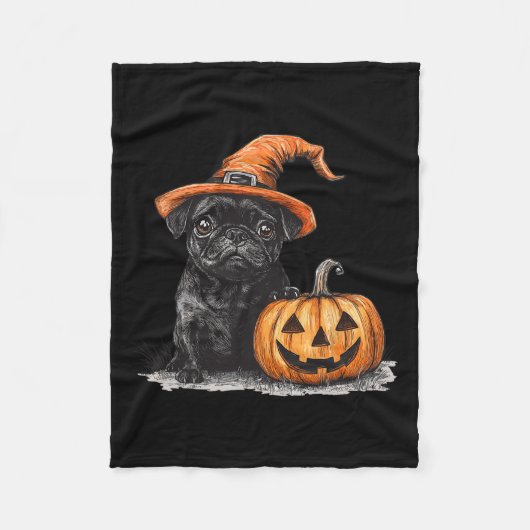 Schwarzer Mops mit Hexenhut und KürbisHalloween-Mo Fleecedecke (Vorderseite)