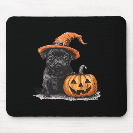 Schwarzer Mops mit Hexenhut und KürbisHalloween-Mo Mousepad (Vorne)