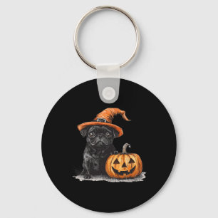 Schwarzer Mops mit Hexenhut und KürbisHalloween-Mo Schlüsselanhänger