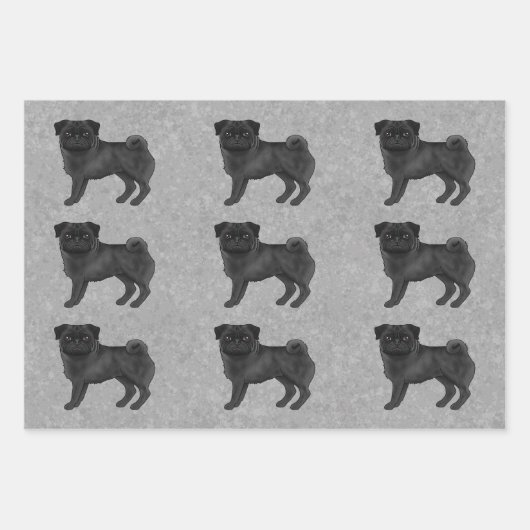 Schwarzer Mops Mops Hundedesign-Muster auf grau Geschenkpapier Set (Vorderseite 2)