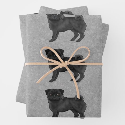 Schwarzer Mops Mops Hundedesign-Muster auf grau Geschenkpapier Set (Beispiel)