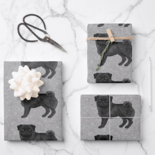 Schwarzer Mops Mops Hundedesign-Muster auf grau Geschenkpapier Set