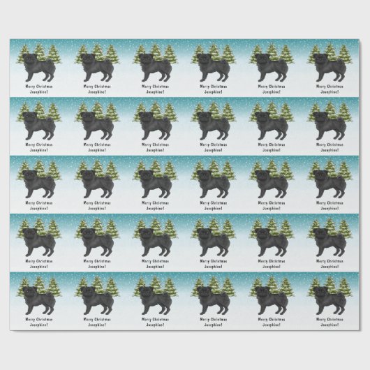 Schwarzer Mops Niedlicher Cartoon Dog Schneewald Geschenkpapier (Flach)