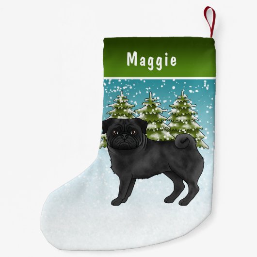 Schwarzer Mops Niedlicher Cartoon Dog Schneewald Kleiner Weihnachtsstrumpf (Rückseite)