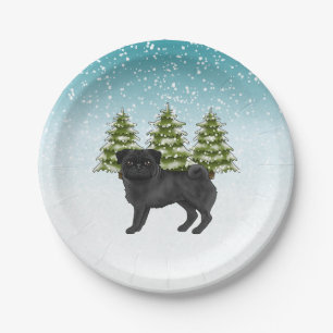 Schwarzer Mops Niedlicher Cartoon Dog Schneewald Pappteller