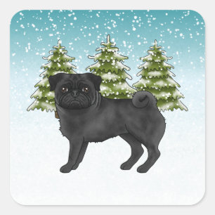 Schwarzer Mops Niedlicher Cartoon Dog Schneewald Quadratischer Aufkleber
