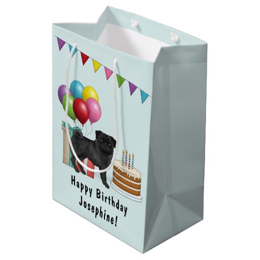Schwarzer Mops Niedlicher Cartoon Hund farbenfroh Mittlere Geschenktüte (Rückseite Schrägansicht)