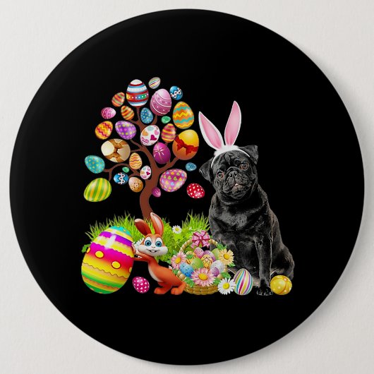 SCHWARZER Mops Ostereier Baumhunde Sonnentag Oster Button (Vorderseite)