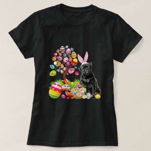 SCHWARZER Mops Ostereier Baumhunde Sonnentag Oster T-Shirt (Design vorne)