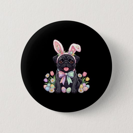Schwarzer Mops-Osterhase-Eier süße Frühlingsblumen Button (Vorderseite)