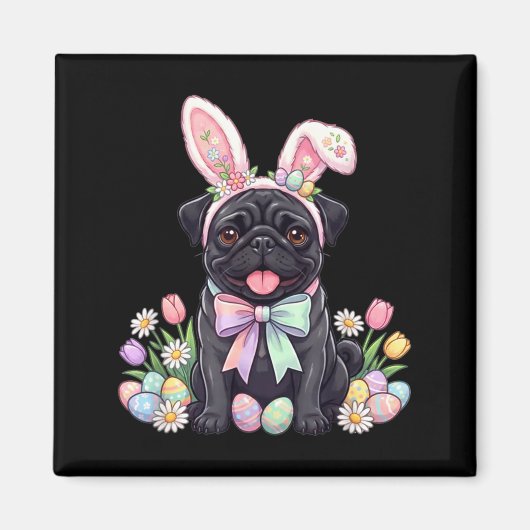 Schwarzer Mops-Osterhase-Eier süße Frühlingsblumen Magnet (Vorne)