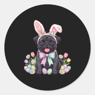 Schwarzer Mops-Osterhase-Eier süße Frühlingsblumen Runder Aufkleber