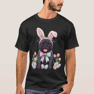 Schwarzer Mops-Osterhase-Eier süße Frühlingsblumen T-Shirt