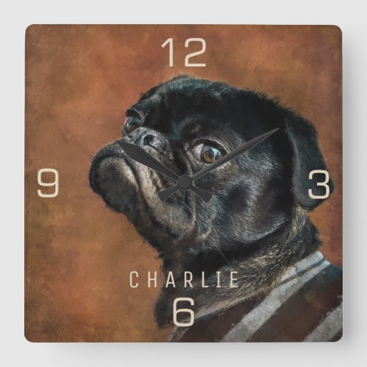 Schwarzer Mops Quadratische Wanduhr (Vorderseite)