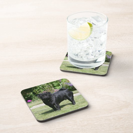 Schwarzer Mops-stehende schauende Kamera Untersetzer (Rechte Seite)